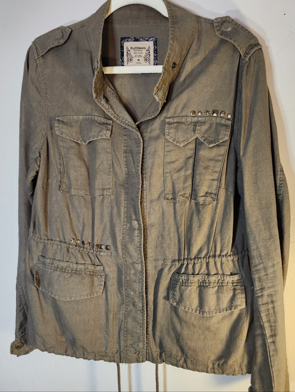 Ruff Hewn Olive Green Utility Jacket with Stud Accents Linen/Cotton